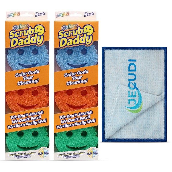 Scrub Daddy - Juego de 2 esponjas con toalla de limpieza de microfibra Jecudi - Esponjas duraderas antiarañazos para limpieza - Esponja para lavaplatos para múltiples superficies
