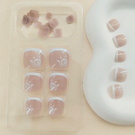 BDRUIXING Pink Press on Toenails French Tip Fake Toe Nails White Flower Toe Nail Press ons Glossy False Toenails Full Cover Acrylic Toenails Beach Toe Press on Nails for Women 24Pcs