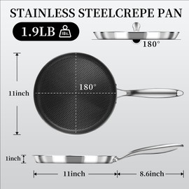 Nonstick Crepe Pan 11inch Stainless Steel Crepe Pan Honeycomb Coating Flat Skillet Tawa Dosa Tortilla Pan,Omelet Pan with All Stove Tops Available, Induction Compatible