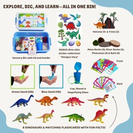 Dinosaur Sensory Bin - 8 Figurines, 17 Accessories, 8 flashcards, 1 Page of Stickers Sensory Sand Kit - 2lbs Green, 1lb Blue Kinetic Sand Bin - Kinetic Sand Sensory Bin - Sensory Bins