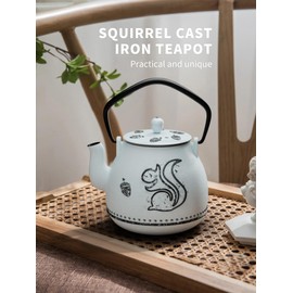Toptier Teapot with Removable Infuser, Cast Iron Tea Kettle Stovetop Safe, Squirrel Design Tea Pot Coated with Enameled Interior for 32 Ounce (950 ml), Light Blue