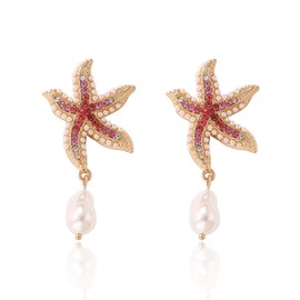 Pink Starfish Earrings Rhinestone Dangle Studs Earrings for Women Lightweight Cute Holiday Jewelry Christmas Gifts