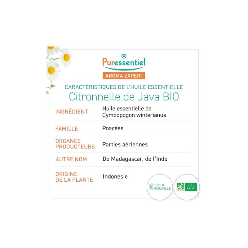 Puressentiel Organic Java Citronella Essential Oil 10ml - 100 %