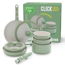 GreenLife 10 Piece Nonstick Pots & Pans Set, Detachable Handle & Stackable Cookware Set, Non Toxic PFAS-Free Skillets, Induction Kitchen Pans, Space Saving, Serving Bowls, Oven Safe, Sage Green