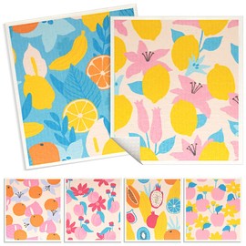 6 - Pack Swedish Kitchen Dish Cloths - Reusable Paper Towels for Counters & Dishes - Eco Friendly Cellulose Sponge Cloth - Assorted (Fruit Plants)