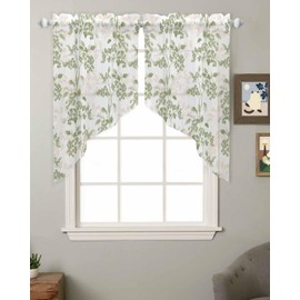 Sage Green Leaves Swag Curtains 45 Inch Length 2 Panels Set, Semi-Sheer Curtain Drapes Rod Pocket Valance For Kitchen,Bedroom,Bathroom,Cafe Window Wildflower Herbs Floral Spring Summer 72"Wx45"L