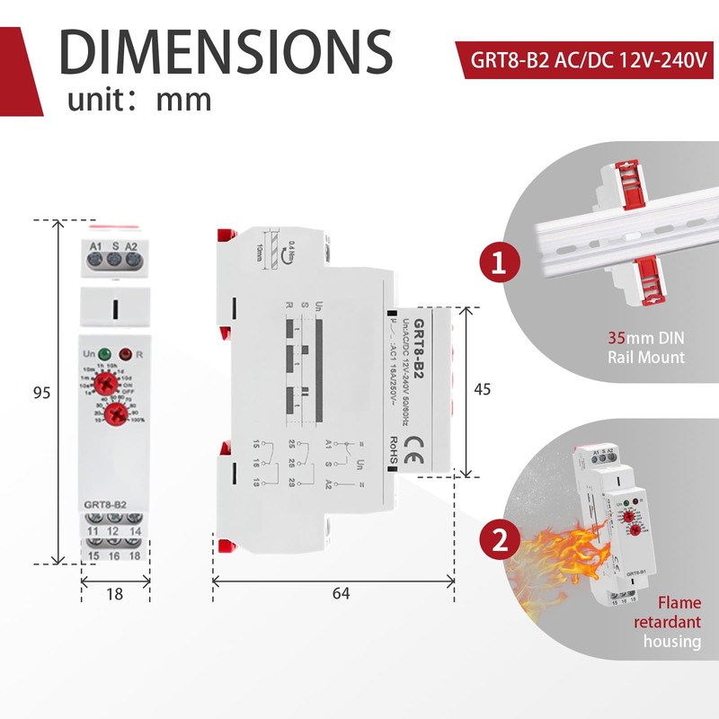 Delay Turn Off Time Relay, 16A GRT8-B2 Adjustable Single Function