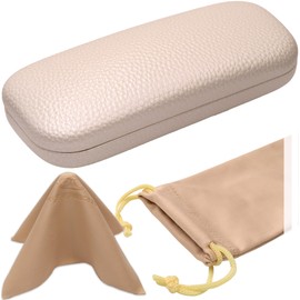 MyEyeglassCase Hard eyeglass case | Medium Clam shell Glasses Case with Microfiber Drawstring Pouch and Cleaning Cloth | Protective Small sunglasses case for women (AS126 Pearl)