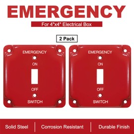 [2 Pack] BESTTEN 1-Gang Red, Emergency Shut-Off Toggle Square Metal Switch Plate for 4"x4" Electrical Box, Code Compliant
