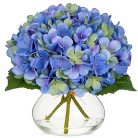 Hollyone Hydrangea Artificial Flowers with Glass Vase Blue-Green Silk Faux Flowers Arrangements in Vase with Faux Water Fake Floral Bulk Bouquet for Home Decor Table Centerpiece Decorations