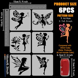FINGERINSPIRE 6PCS Angel Silhouette Stencils for Painting with Brush 5.9x5.9inch Reusable Fairy with Wings Template Hollowed Flower Stars Butterfly Stencil Fantasy Theme Template for Wall Decoration