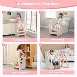Toddler Step Stool Chair Onasti Kids 3 Step Standing Tower for Toddlers Plastic Learning Helper Stool for Kitchen Counter Bathroom Sink Toilet Potty Training with Handles and Non-Slip Pads-Pink White