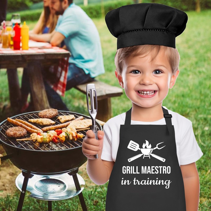 OUUKHGY Kids Apron and Chef Hat Set, Grill Maestro in