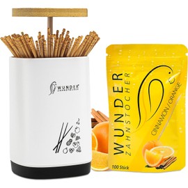 Wunder Toothpick Dispenser with Easy-Lift Function Toothpick Holder + 1 Refill Pack (100 Toothpicks) Toothpick with Flavour (Dispenser + Cinnamt/Orange Refill)