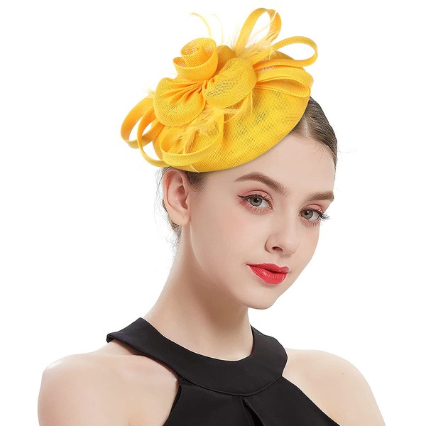 Z&X Sinamay Fascinators for Women Kentucky Derby Hat Wedding Tea Party Fascinator Hat with Headband Hair Clip, 07 Yellow