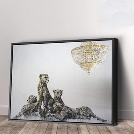 BANKSY Cheetah - Leopard - Gold - Canvas Wall Art Home Decor (24in x 18in Modern Black Framed)