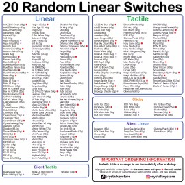 Kailh, JWK, Gateron, YOK Mechanical Keyboard Switch Tester - 20 RANDOM LINEAR SWITCH SAMPLE PACK