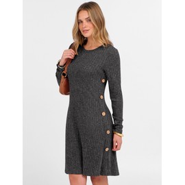 ANRABESS Womens Long Sleeve Ribbed Knit Sweater Dresses 2025 Fall Winter Casual Lounge Short Tunic Dress with Pockets Buttons Dark Grey Small