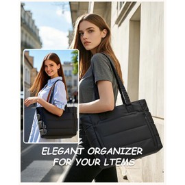 FRETHIND Women's Handbag Puffer Tote Bag Sports Bag Shopper Bag Waterproof 27L Large Portable Laptop Shoulder Bag with Compartments and Zip for Shopper, Work, Travel, black