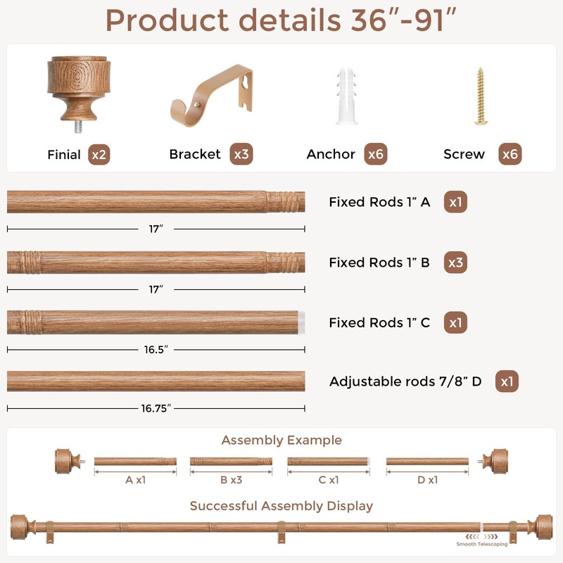 Wood Curtain Rods for Windows 48 to 84 Inch, Adjustable
