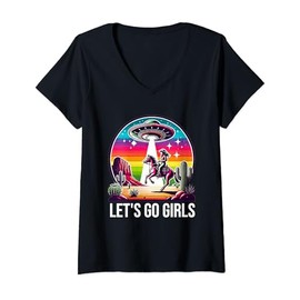 Womens Space Cowgirl Let's Go Girls Cosmic Galactic Western UFO V-Neck T-Shirt
