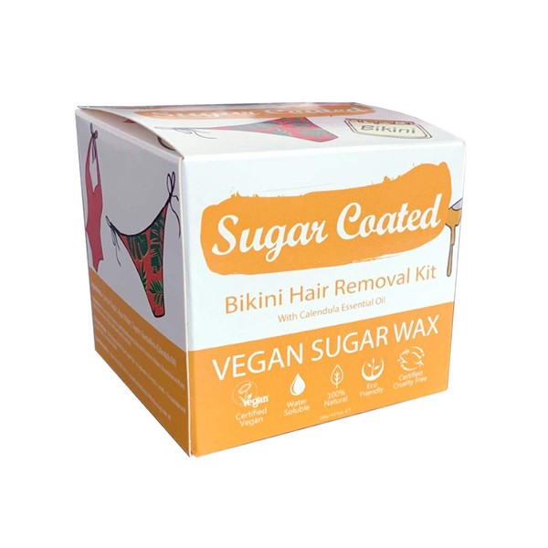Sugar Coated Hair Removal Wax Kit for Bikini Line, Sugar Wax for Bikini Area with Wax Strips, Gentle and Non-Damaging Waxing Kit, Contains Essential Calendula Oil to Calm Skin 200g
