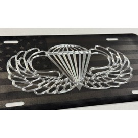 Laser US Flag & Diamond Etched Army Airborne Wings Car Tag Front License Plate