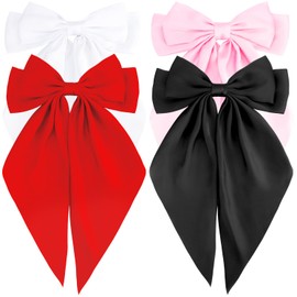 Atoden Hair Bows Silky Satin Bows for Hair Ribbons 4Pcs Coquette Oversized Long Tail Hair Bow Clips Barrettes Big Bowknot Hair Accessories for Women Girl Trendy Stuff Gifts (White Pink Red Black)