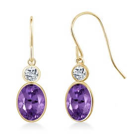 Gem Stone King 14K Yellow Gold Purple Amethyst and White Topaz Hook French Fish Ear Wire Dangle Earrings For Women (1.78 Cttw, Gemstone February Birthstone, Oval 7X5MM, Round 3MM)