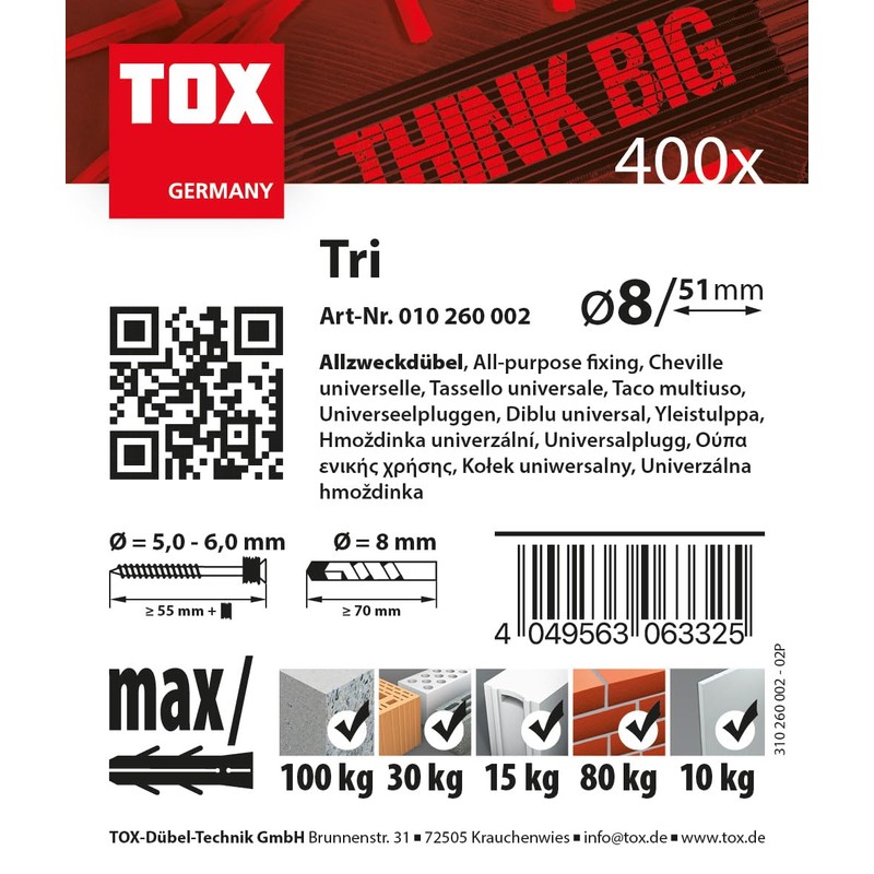 TOX TRI 8/51 All-Purpose Dowels in Big Pack, Dowels for