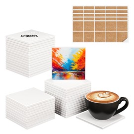 IHDYPPEW 40 Pack 4 x 4 Inch Square Ceramic Tiles for Crafts, Blank Ceramic Coasters with Cork Backing Pad, Perfect for Painting, Alcohol Ink, Acrylic Pouring - DIY Coaster(Unglazed)