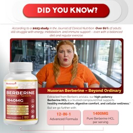 NUSORAN Ultra Berberine 1840 mg - 12-in-1 with Cinnamon, Turmeric, CoQ10, ALA, Gymnema, Bitter Melon - Max Absorption - 180 Capsules - Non-GMO, Gluten-Free, Lab Tested