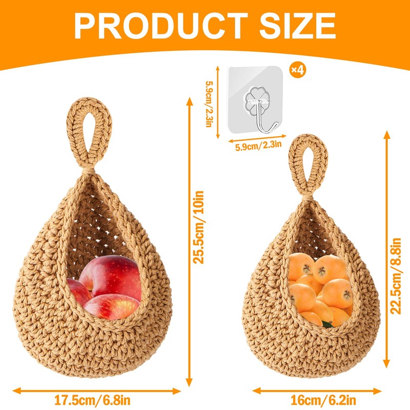 Pack of 2 Hanging Fruit Baskets, Braided Hanging Basket Kitchen