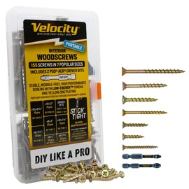 Velocity Interior Wood Screws Assortment Kit in 7 Sizes, Stick Tight Technology, Zinc Plated Carbon Steel, Includes 2 PSD ACR Drive Bits, Set Screw Assortment Kit Storage Organizer (155 Pieces)