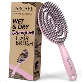 FABCARE Detangling Hair Brush for Women, Bristle Brush for Thick or Curly Hair, Brosse a Cheveux, Dry or Wet Hair with Boar Bristles, Curved Vented Design for Blow Drying and Styling (Pink)