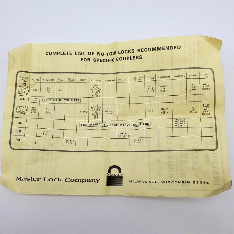 Master Lock Trailer Lock No 33 For 1-7/8" Couplers Acme,