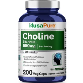 NusaPure Choline Bitartrate 650 mg 200 Veggie Capsules (Vegetarian, Non-GMO, Vegan)