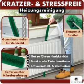 Weidebach Radiator Brush V. 2.0, 125 cm Total Length / 110 cm Brush Made of Microfibre, Radiator Cleaning Brush, Animal Hair Free, Radiator Brush Comes to Any Angle, Stable and Flexible Heating Brush