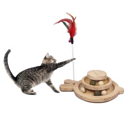Cat Track Toy, Two-Tiered Ball Tower with Removable Balls, A Bell Feather, Interactive Cat Toy, Easy to Install DIY Toy, Suitable for Kitten Exercise, Medium Size,（Fish）