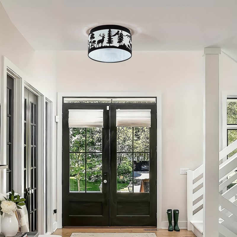 Farmhouse Flush Mount Ceiling Light with Shade - Rustic Deer