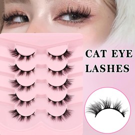 3D Falsche Wimpern Katzenauge, Flauschiges Volumen Curly Cat-Eye Künstliche Wimpern Natürlich Look, Wiederverwendbar Handgemacht Faux Mink Make-up-Wimpern 5 Paare Pack (FDH-02)