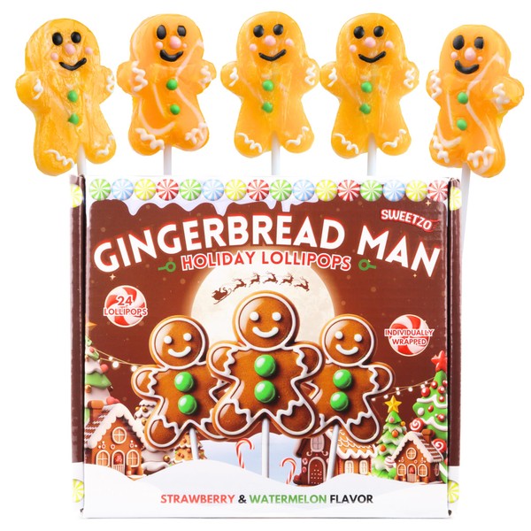 Gingerbread Man Christmas Lollipops, Individually Wrapped Strawberry and Watermelon Suckers,