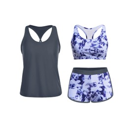 Yonique - Traje de baño deportivo tankini de 3 piezas para mujer con pantalones cortos, camisetas sin mangas con brasier deportivo y pantalones cortos, Azul (Blue Tie Dye), Small