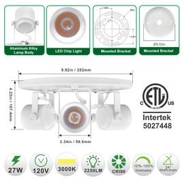 Arcfox 27W 3000K 3 Light LED Flush Mount Ceiling Spotlight Fixture Adjustable Round Track Lighting Fixtures Ceiling ETL, 24°, CRI90 for Living Room Bedroom Shop Accent Task Lighting
