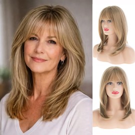 RicHyun Women Blonde Bob Wigs with Bangs Layered Straight Natural Looking Synthetic Medium Hair Wigs for Daily Party