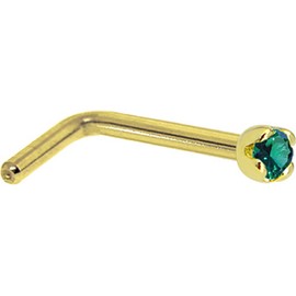 Body Candy Solid 18k Yellow Gold 1.5mm (0.015 cttw) Genuine Green Diamond L Shaped Nose Stud Ring 18 Gauge 1/4"