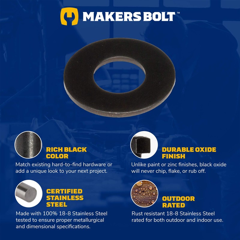 #10 (3/16") Black Stainless Steel Flat Washer (100 pcs), Black