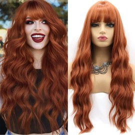 Xiweiya Wigs Long Curly Copper Red Lace Wig with Air Bangs Hair Length Synthetic Wave Heat Resistant Fiber Wigs Middle Parting for Women, Drag Queen Cosplay Makeup (with U Part Lace)