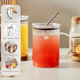 KEMORELA 2 Pack Fine-Ribbed Glass Tumblers with Handle and Lid – 1000ml / 34oz Iced Coffee Cups with Reusable Straws – Large Clear Glass Mugs for Smoothies, Juice, Cold Brew & Daily Drinks