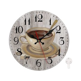 LOKMU Silent Non Ticking Clock 12 Inch, Round Wall Clock,Decorative for Living Room, Kitchen, Home,Bathroom, Bedroom, Office or School, Coffee Cup on Wooden
